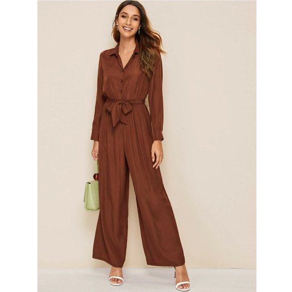 Button Front Belted Wide Leg Shirt Jumpsuit - Picture 1 of 11